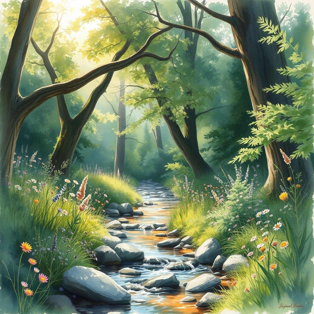 Hidden Forest Glade with Stream in Watercolor Style