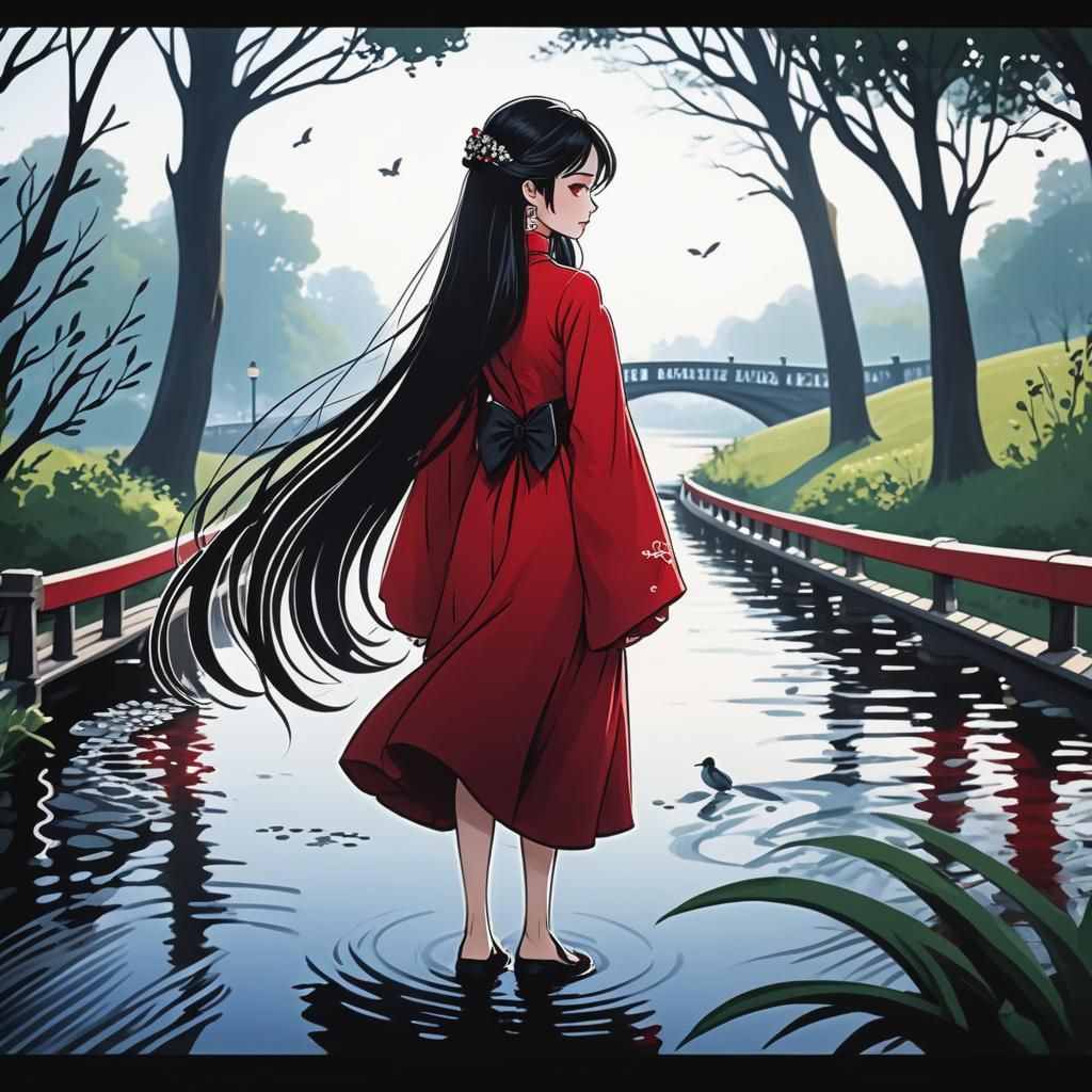 Princess in Red Velvet Gown, Misty Park Scene