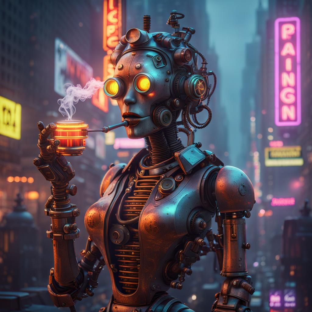 Mechanical Woman Robot Smoking Pipe in Neon City