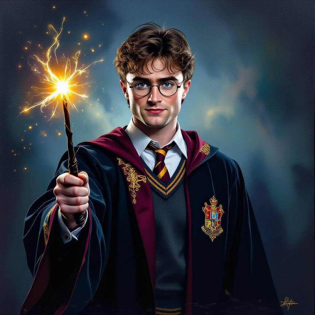 Mature Harry Potter in Ornate Robes Holding Glowing Wand