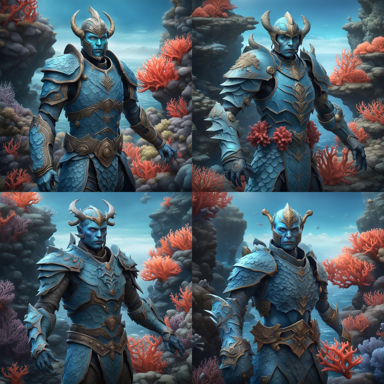 Dark Fantasy Sea Humanoid Fighter with Coral Armor