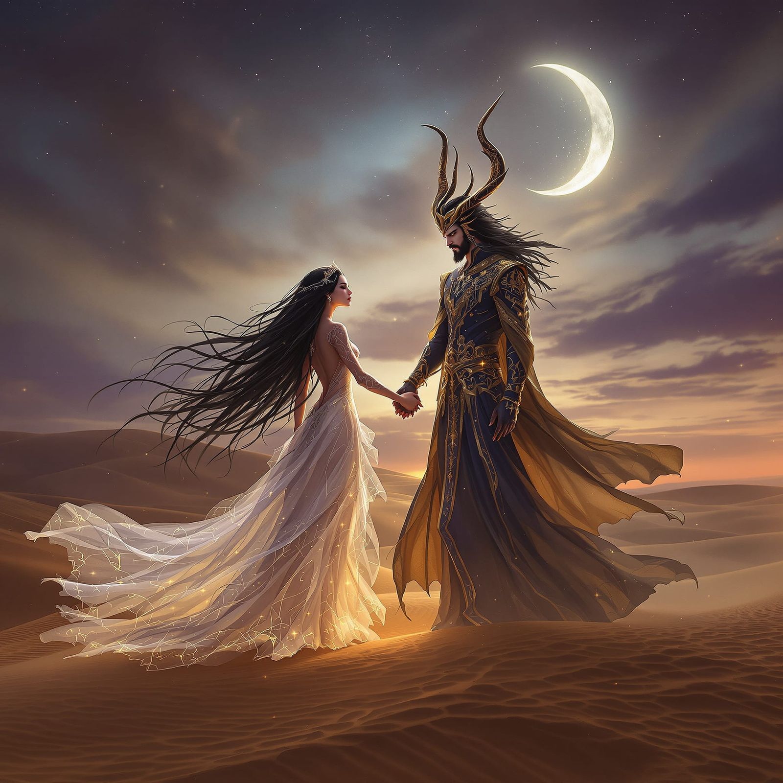Lilith and Jinn King in Mystical Desert Twilight