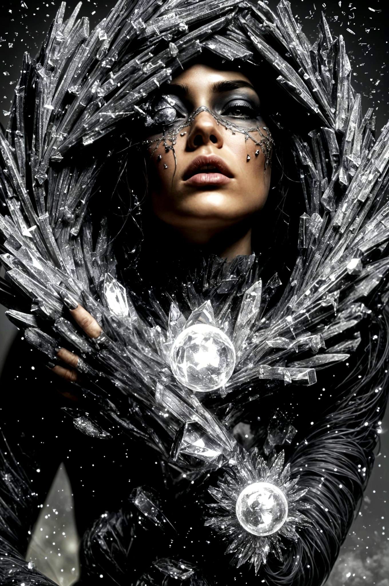 Surreal Graphite Figure with Crystal Heart in Ruin