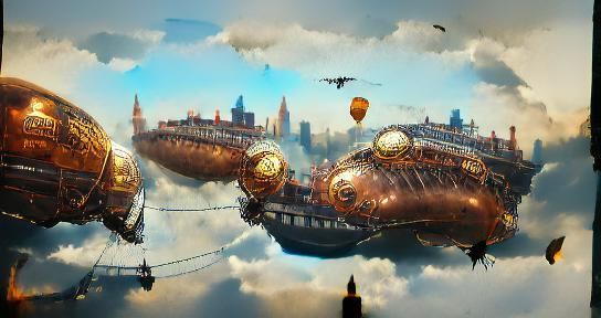 Steampunk Sky Filled with Airships and Blimps