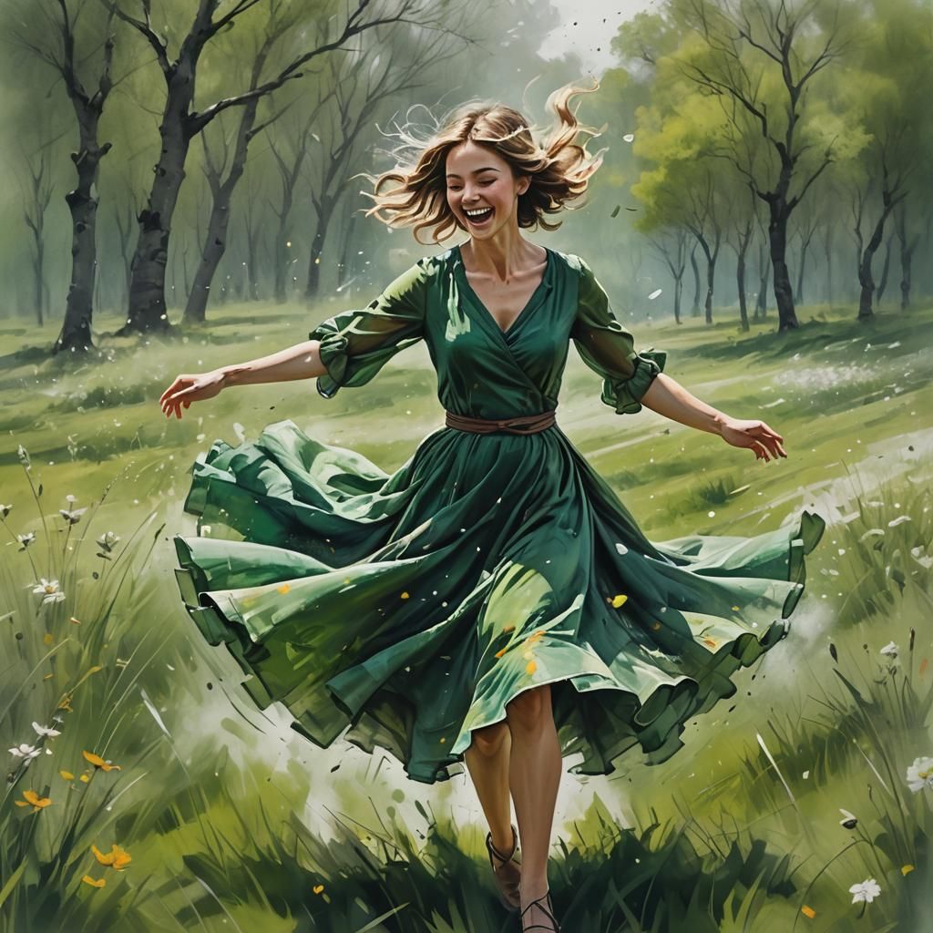 Woman Dancing in Meadow, Ink Painting Style