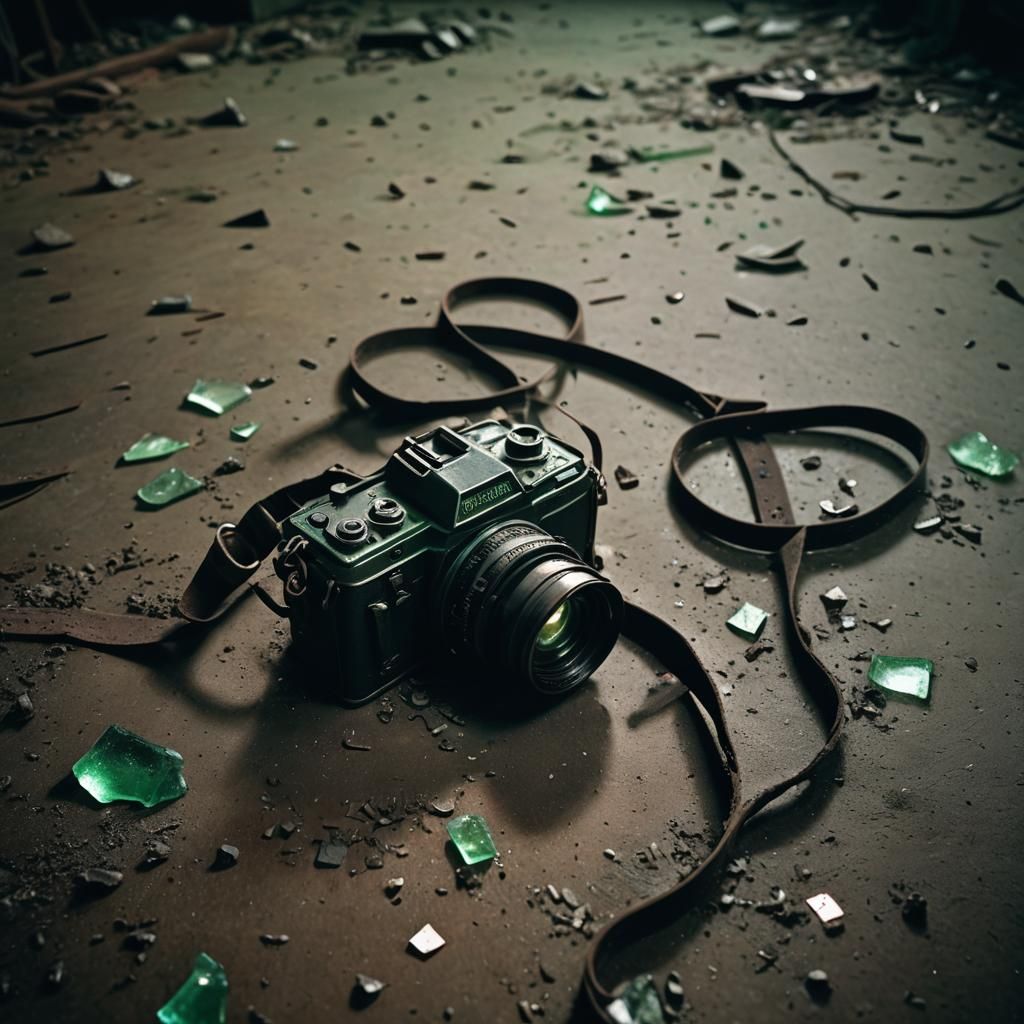 Haunted Camera with Twisted Figure in Shadows