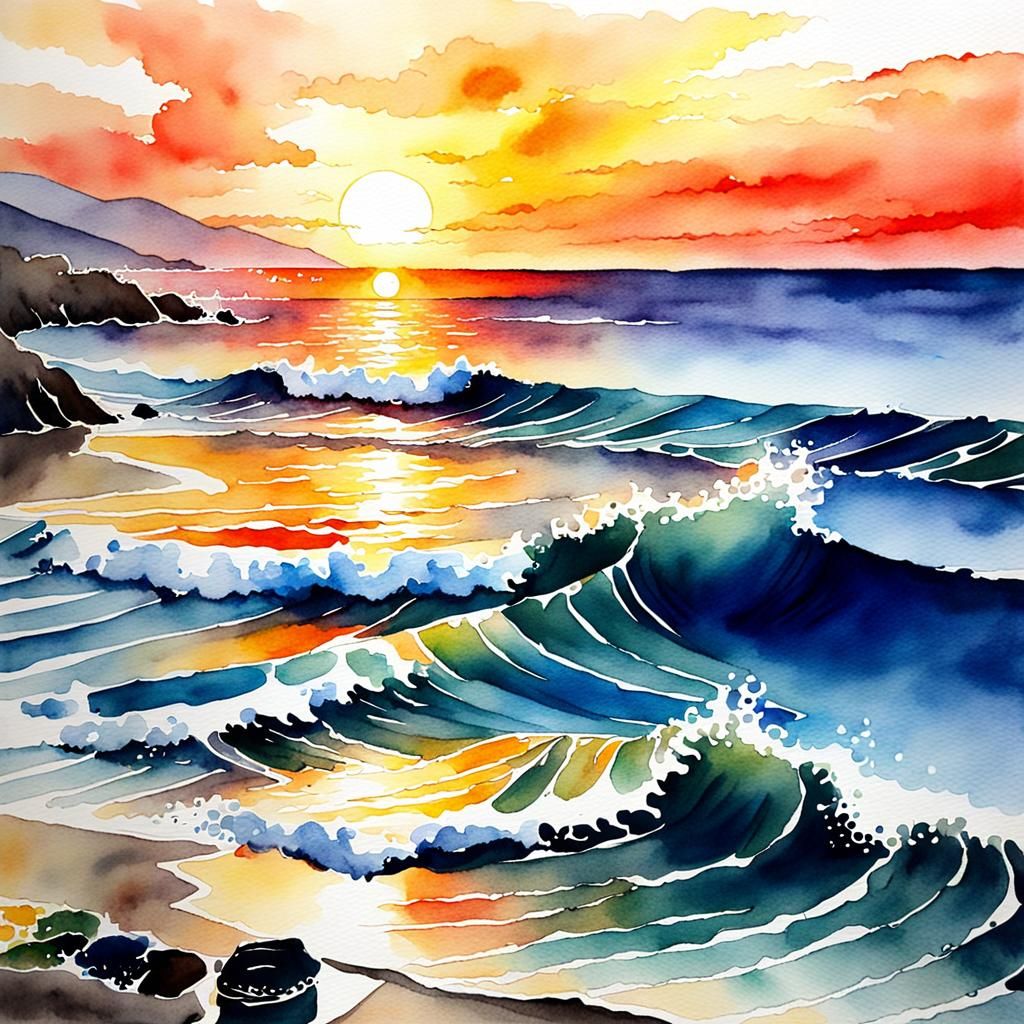 Watercolor Sunset Over the Ocean Painting