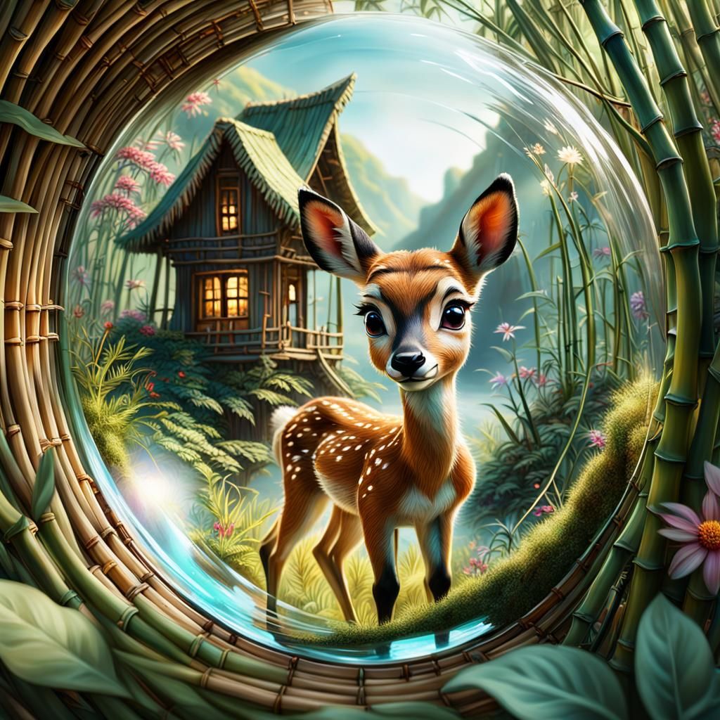 Baby Deer Glimpse Through Broken Glass, 3D Render