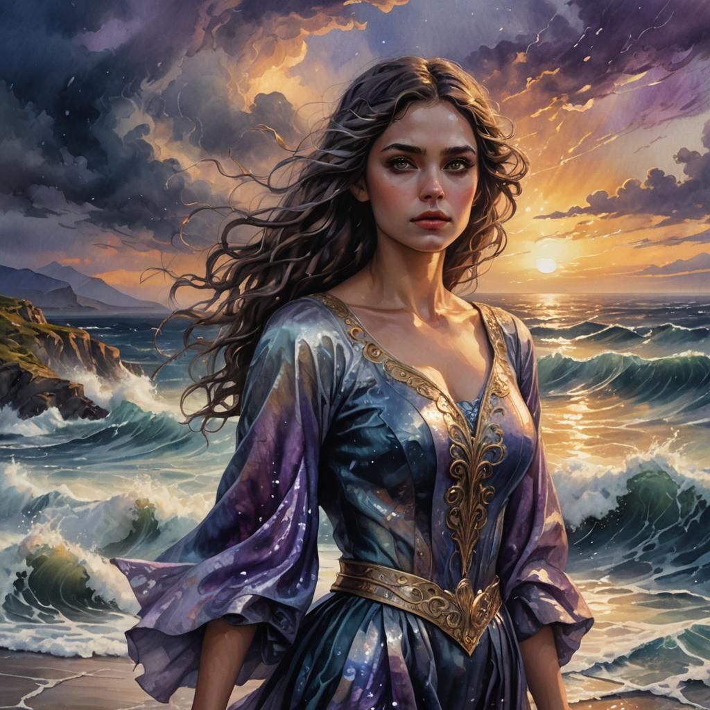 Young Woman by Stormy Sea in Watercolor Style