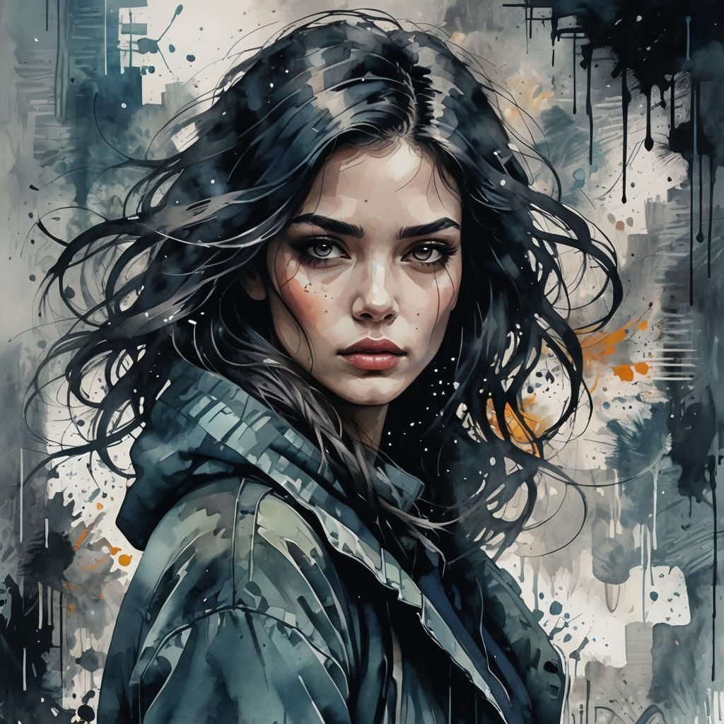 Electrifying Dark-Haired Woman in Digital Watercolor