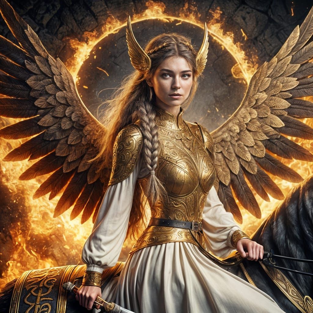 Viking Valkyrie Goddess on Winged Horse, Dark Fantasy Art