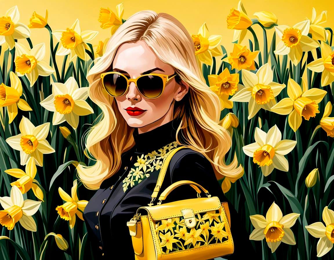 Daffodil Woman Portrait on Filigree Background