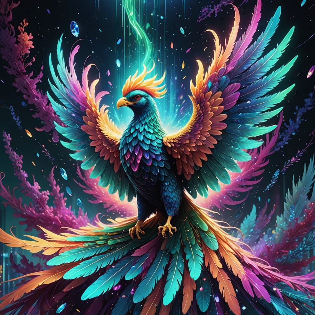 Vibrant Phoenix Soars Through Neon Galaxy in Surreal Digital...