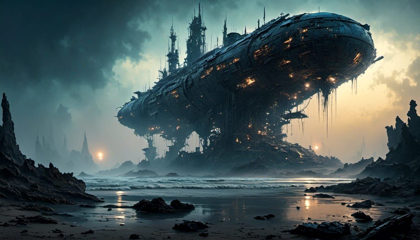 Hyperrealistic Sci-Fi Spaceships in Desolate Seashore Ruins
