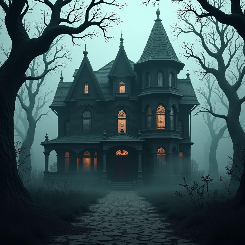 Eerie Victorian House in Mist: Dark Fantasy 3D Anime Art