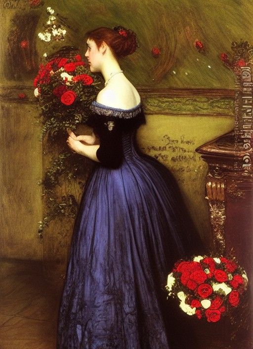 Woman Gazing at Roses in Pre-Raphaelite Portrait