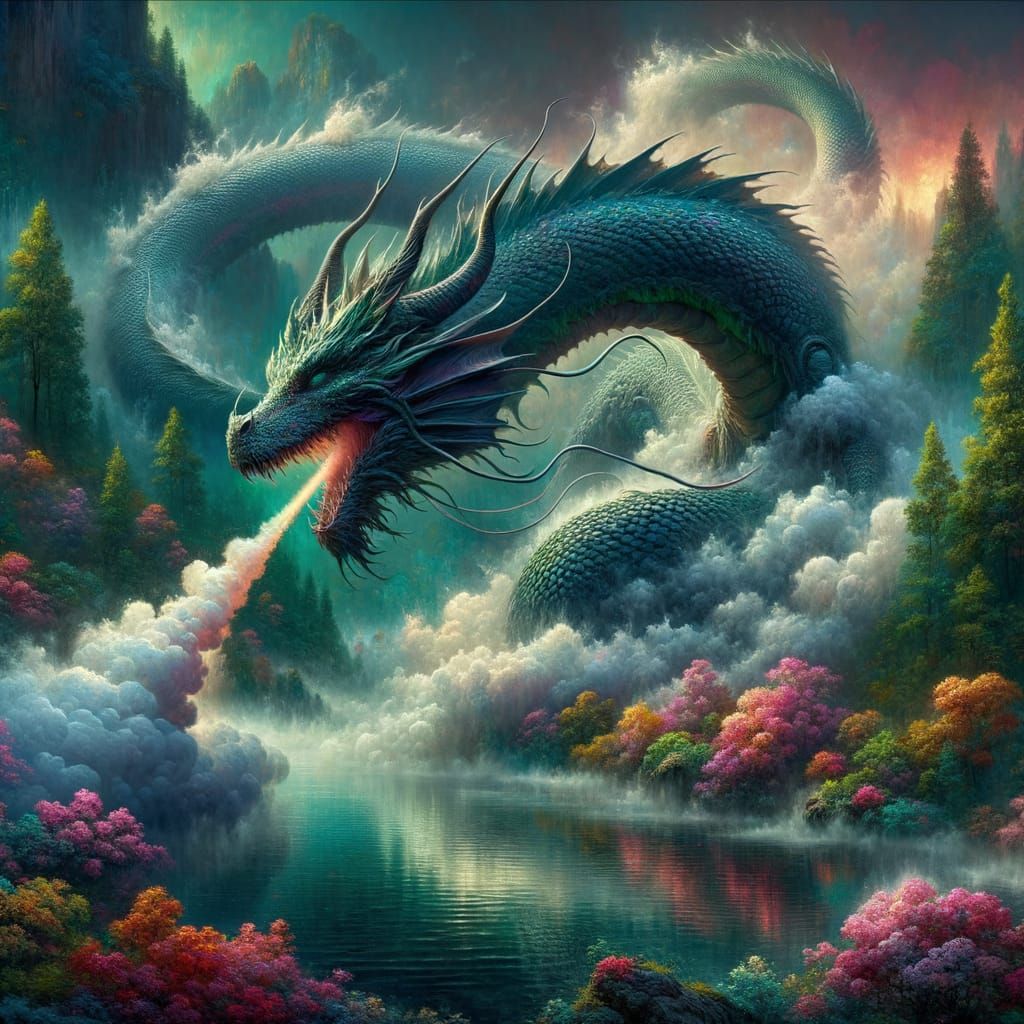 Iridescent Water Dragon Emerges from Misty Lake