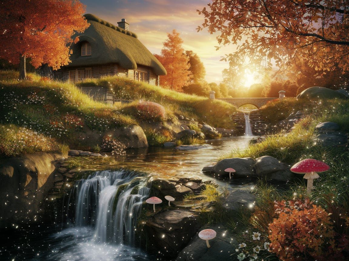 Enchanted Autumn Woodland Garden with Waterfall and Cottage
