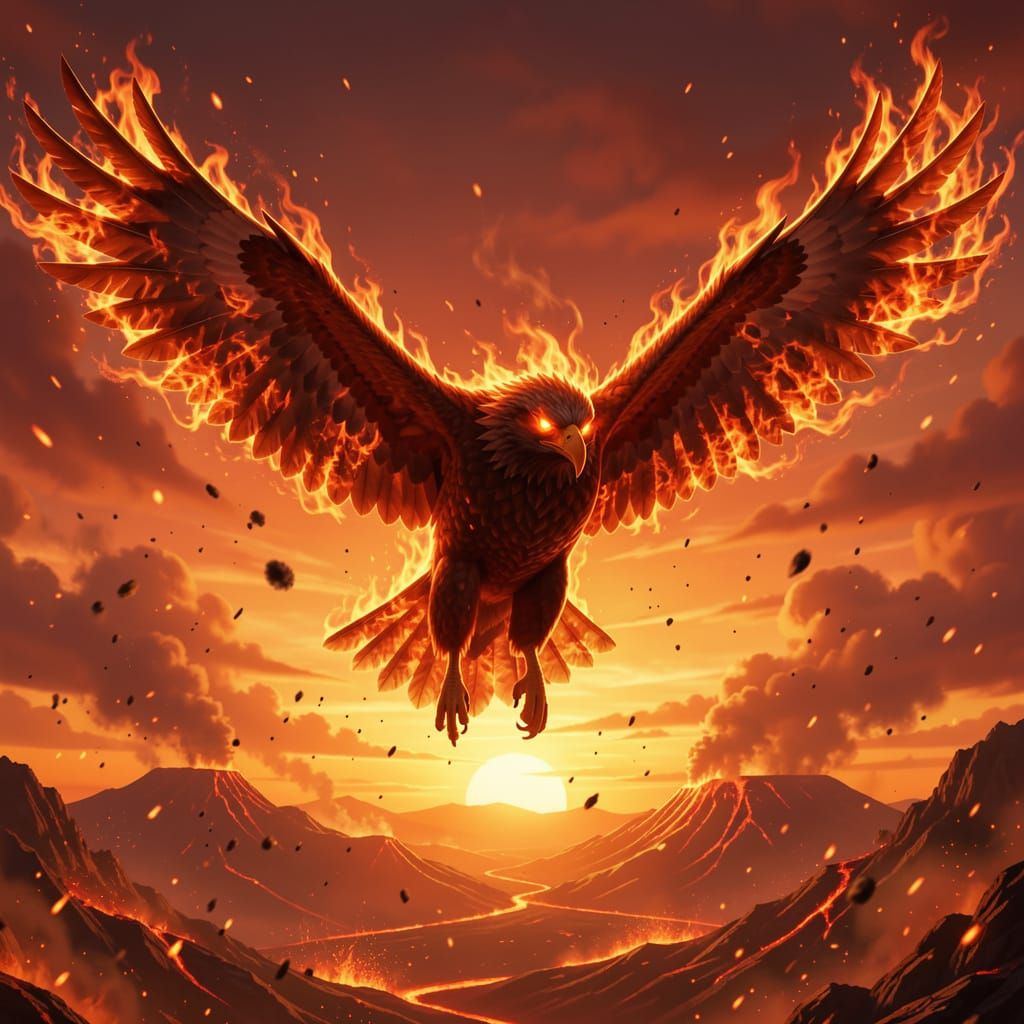 Majestic Fire Eagle Soaring in Volcanic Sky