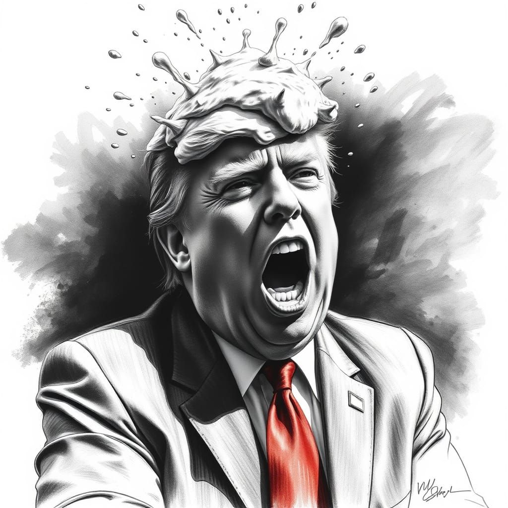 Trump Recoils From Cream Pie Impact in Charcoal Drawing