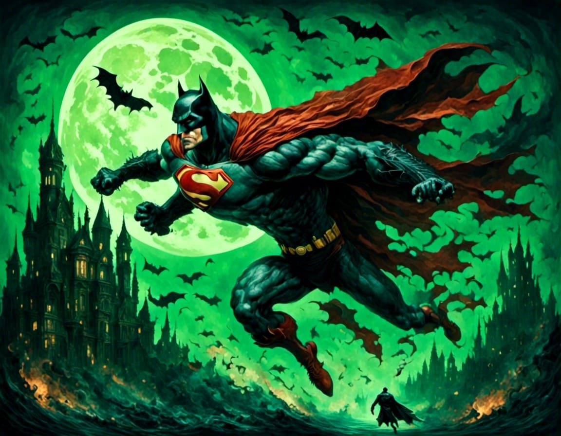 Superman Punches Batman: Surrealist Oil Painting