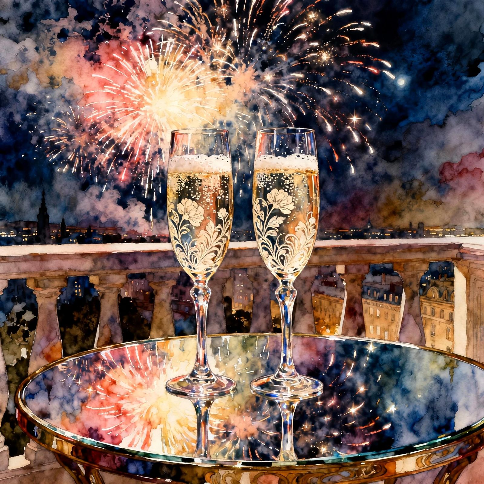 Crystal Champagne Flutes on Balcony with Fireworks