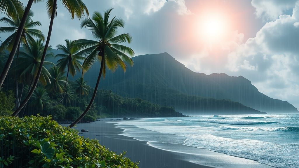 Vaporwave Hawaiian Rainstorm Art Deco Landscape