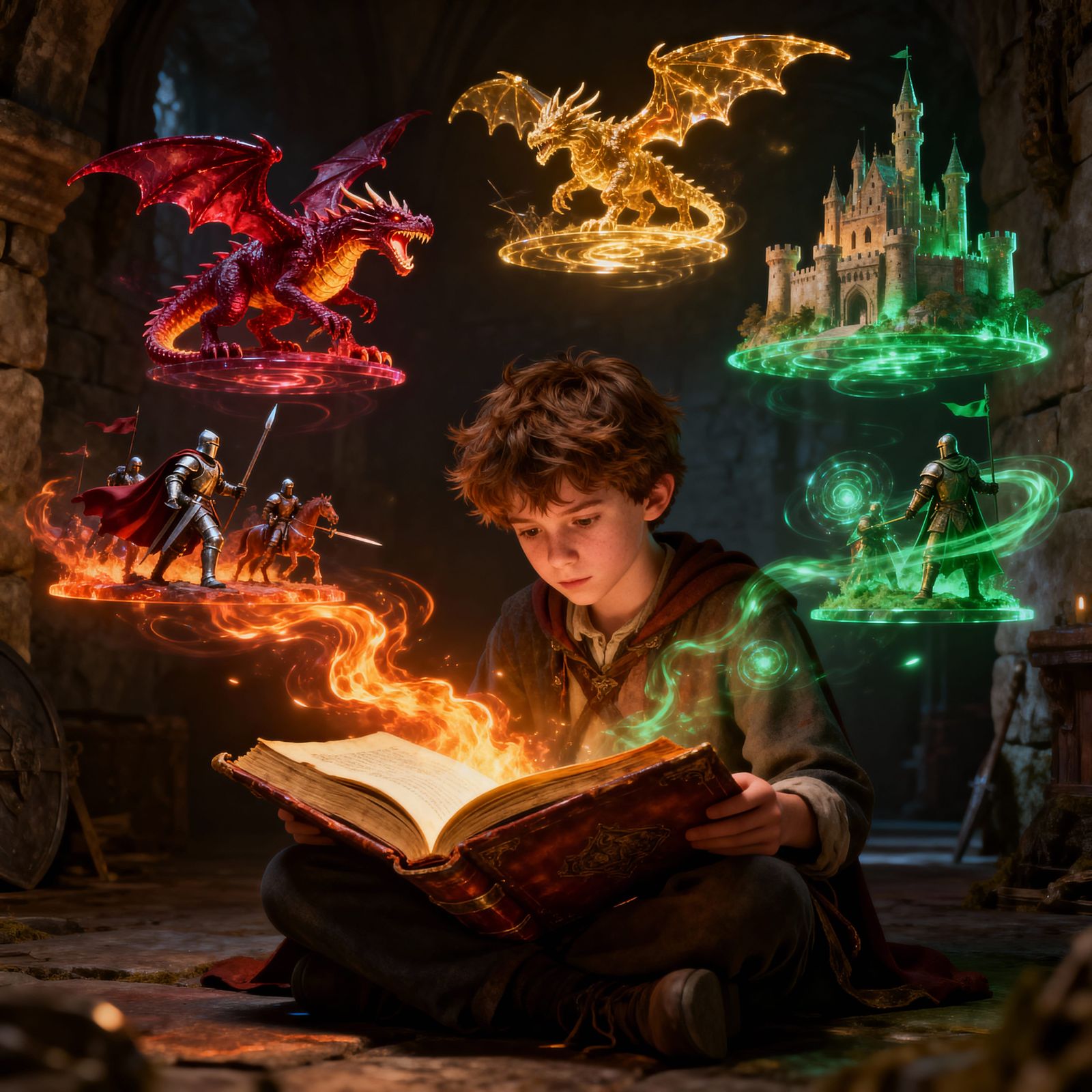 Boy Reading Magical Book with Floating Creatures, 3D Render