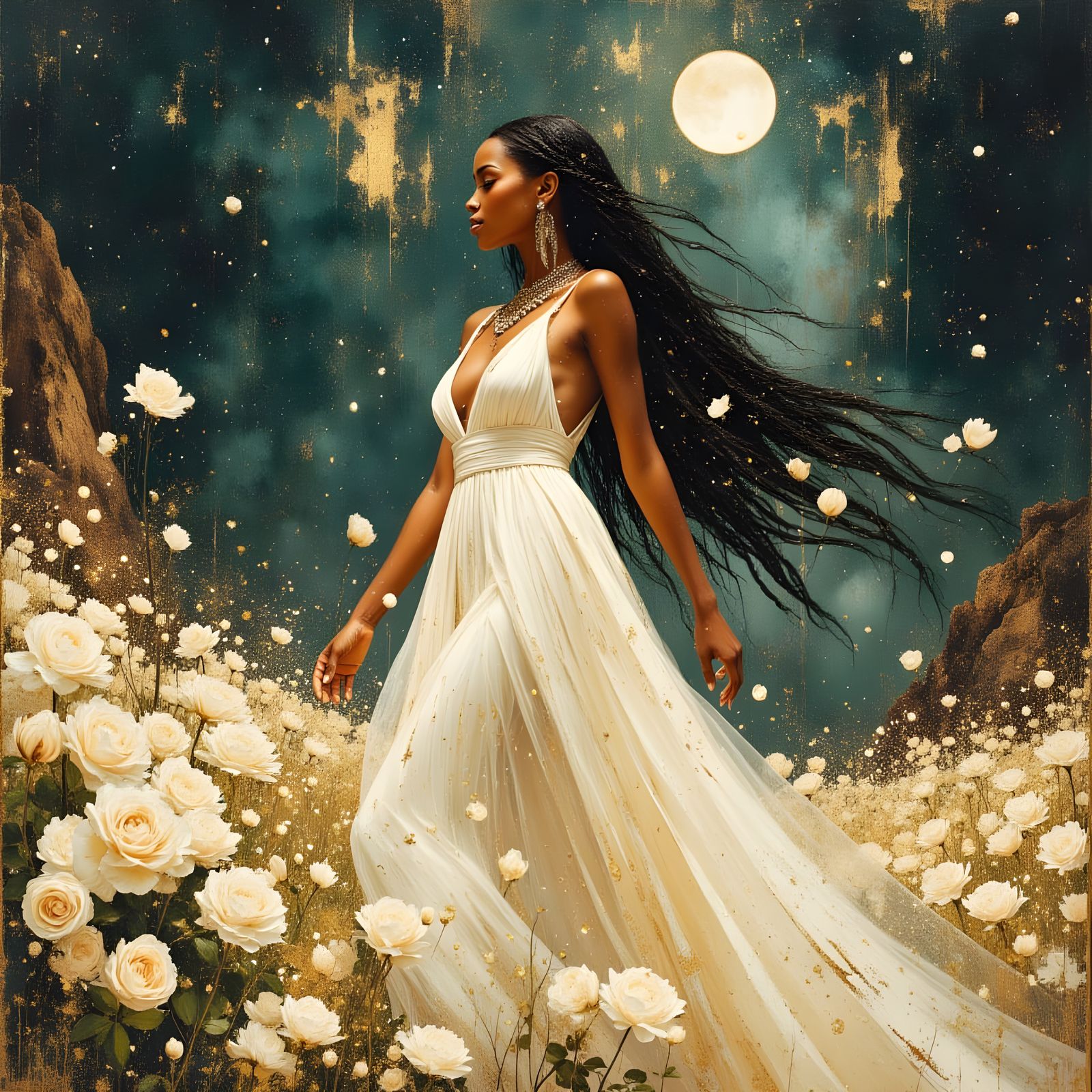 African Goddess in Fiery Dress on Alien Planet