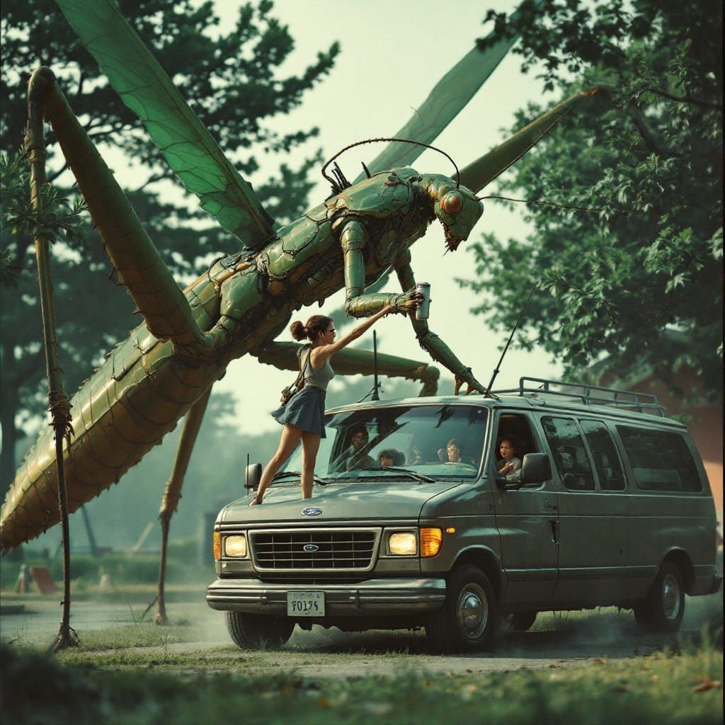 Futuristic Mantis Battle: Suburban Savior