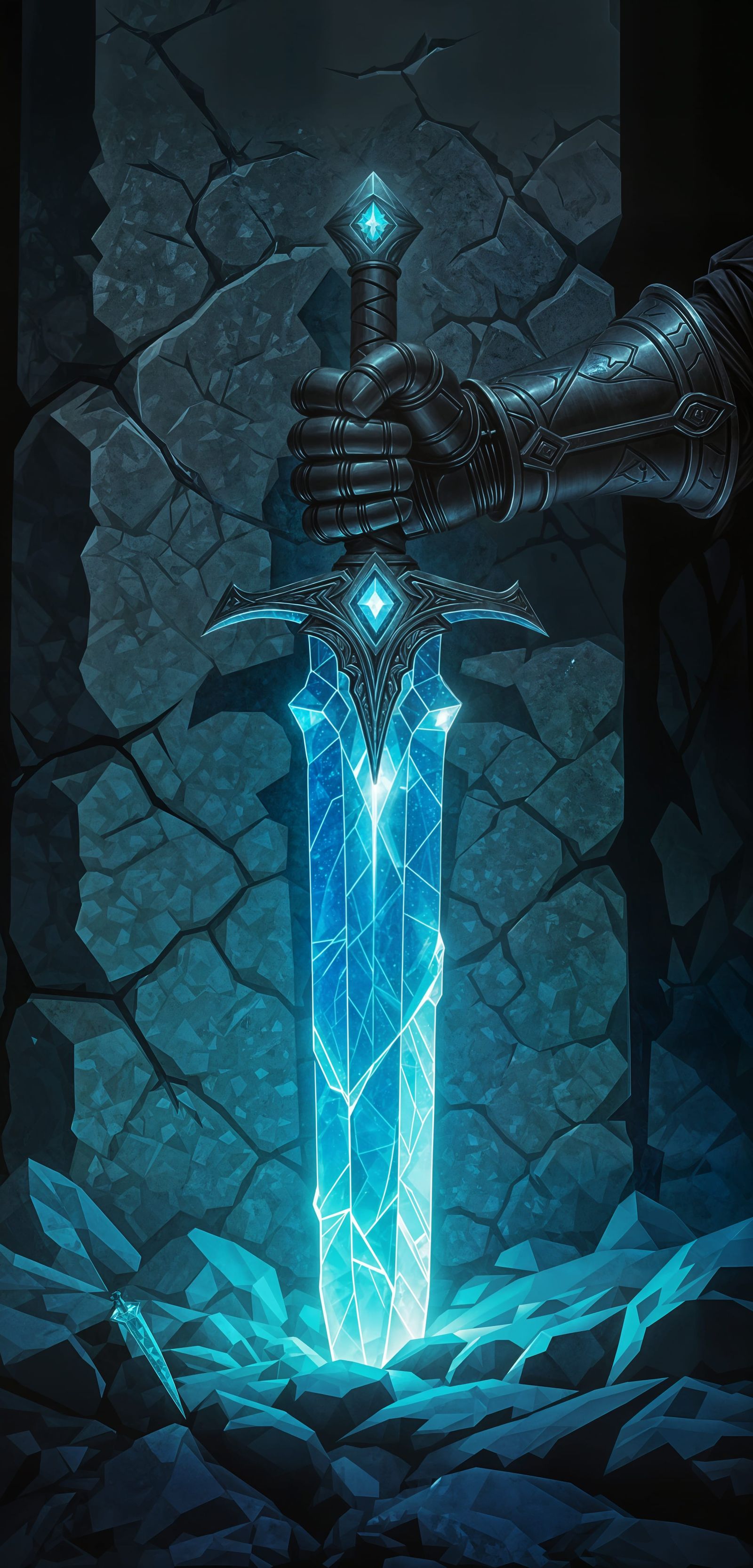 Glowing Crystal Sword in Stone Gauntlet, High-Fantasy Style