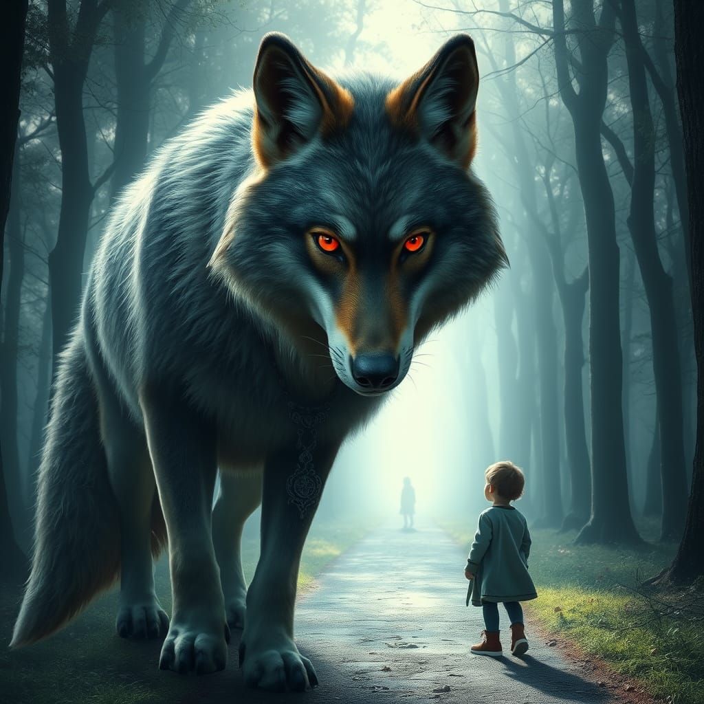 Mystical Wolf with Child in Enchanted Forest