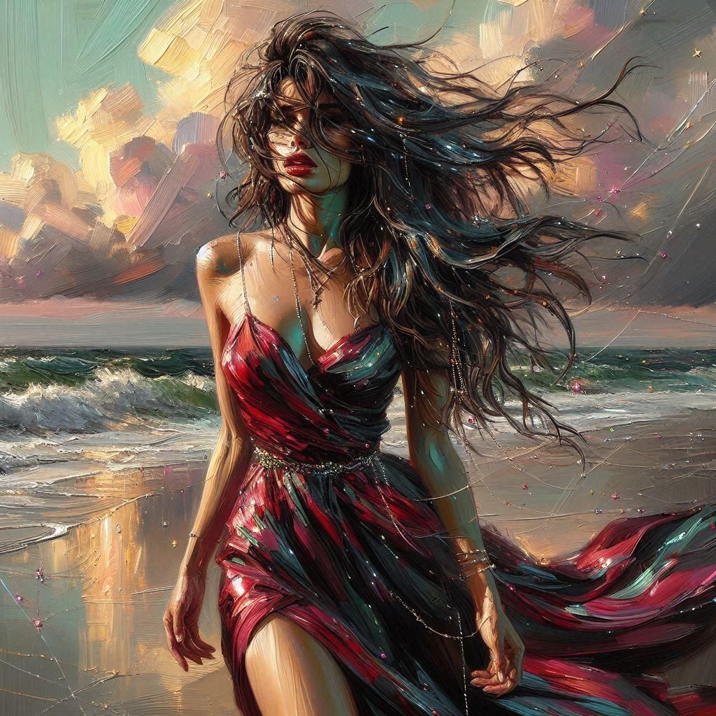 Striking Red Dress Oil Painting