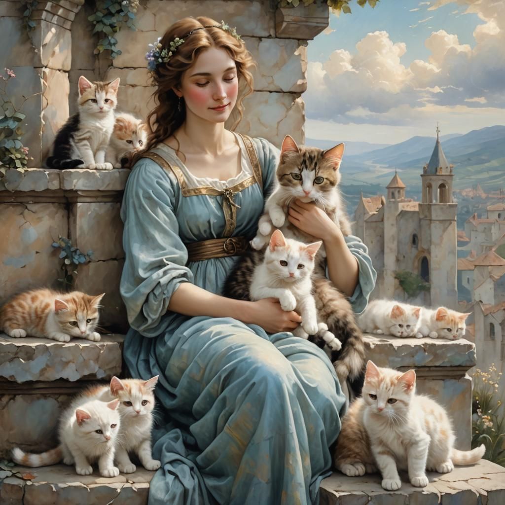 Ethereal Woman with Kittens in Northern Renaissance Style