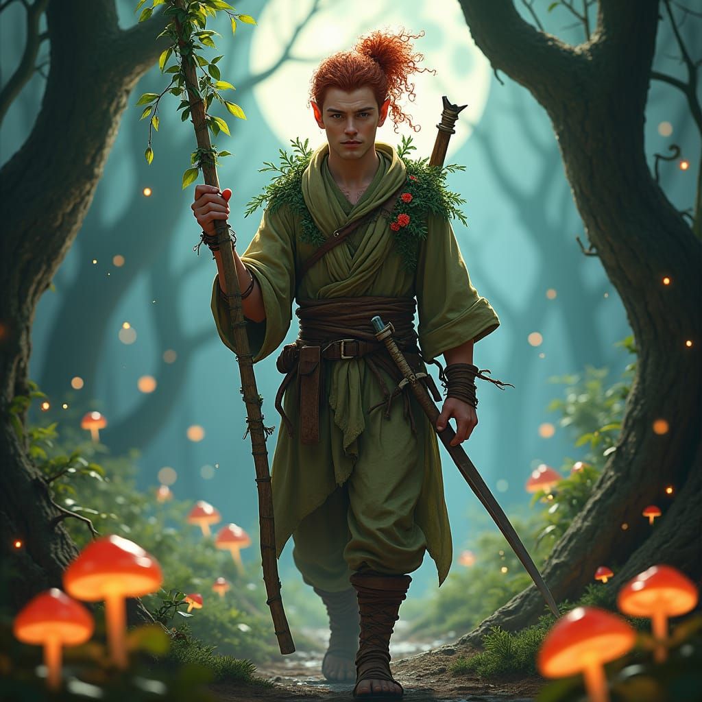 Wood Elf Monk in Mystical Forest, Fantasy Art