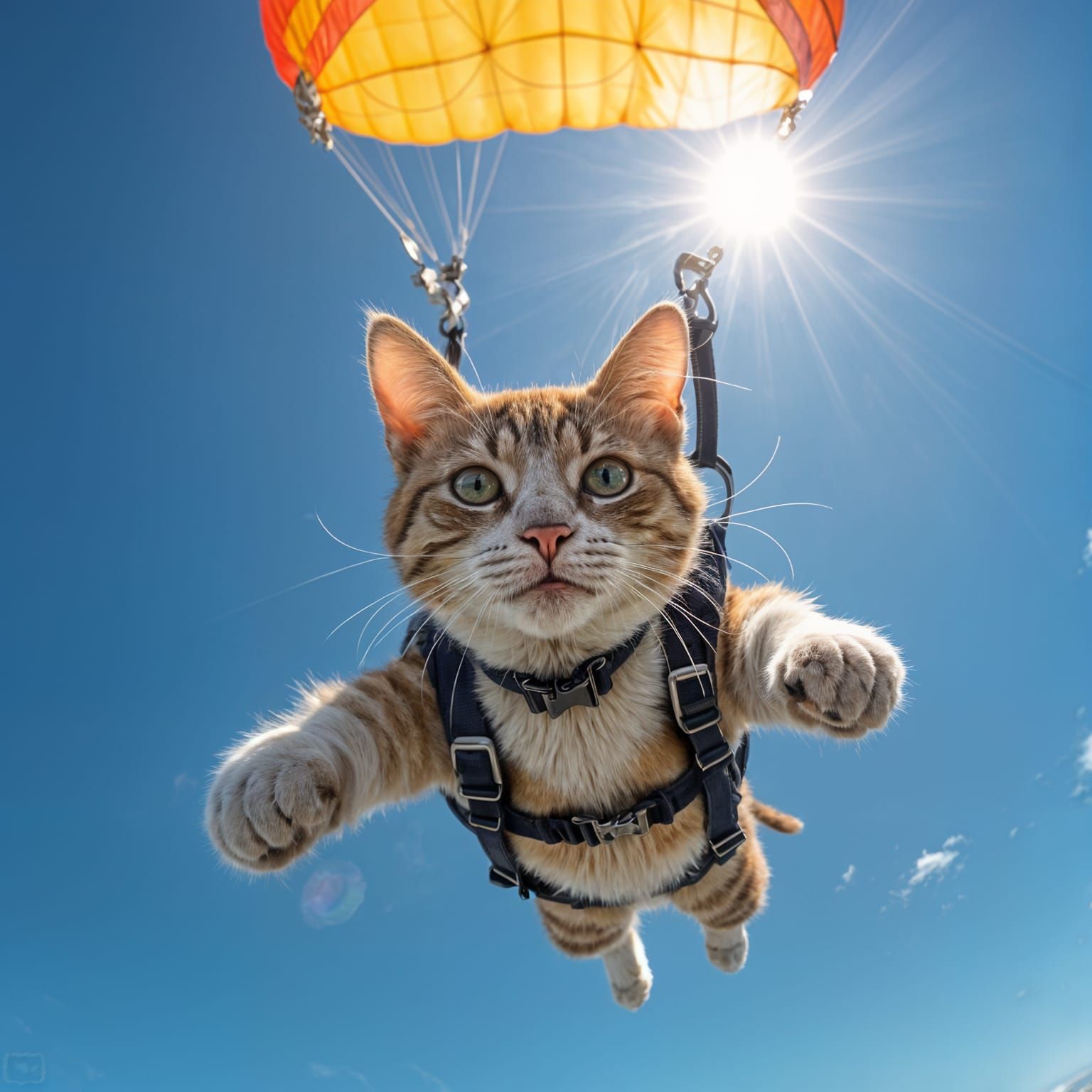 Smiling Skydiving Cat Under Open Parachute Viewed From Below