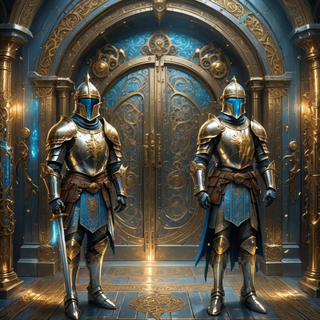 Armored Knights Guarding Ornate Vault Door