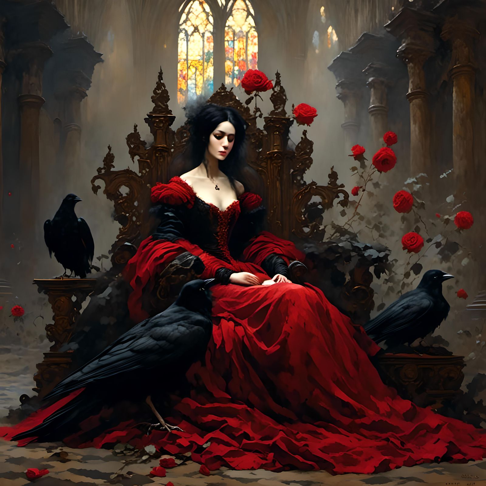 Victorian goth woman with ravens and red roses