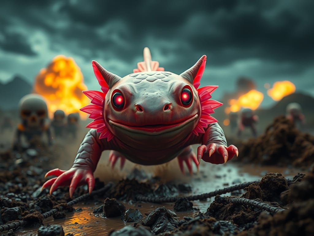 Axolotl Warrior in a Darkened Battlefield