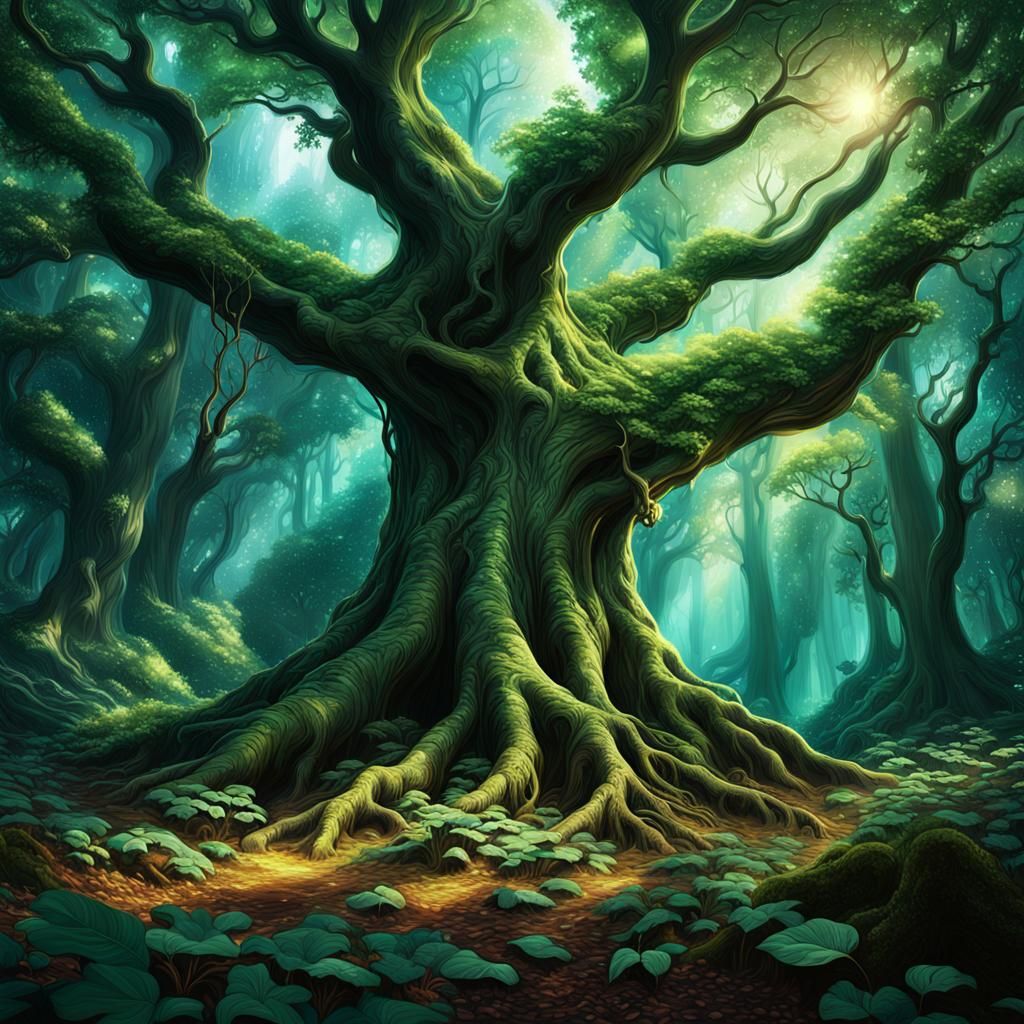 Iridescent Ancient Tree in Glowing Fantasy Forest