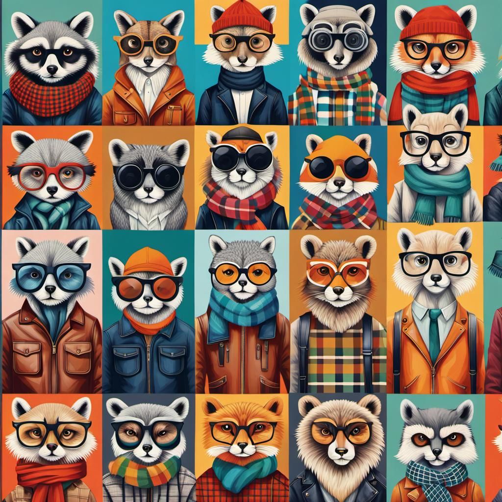 Hipster Animals Poster Grid in Detailed Matte Painting