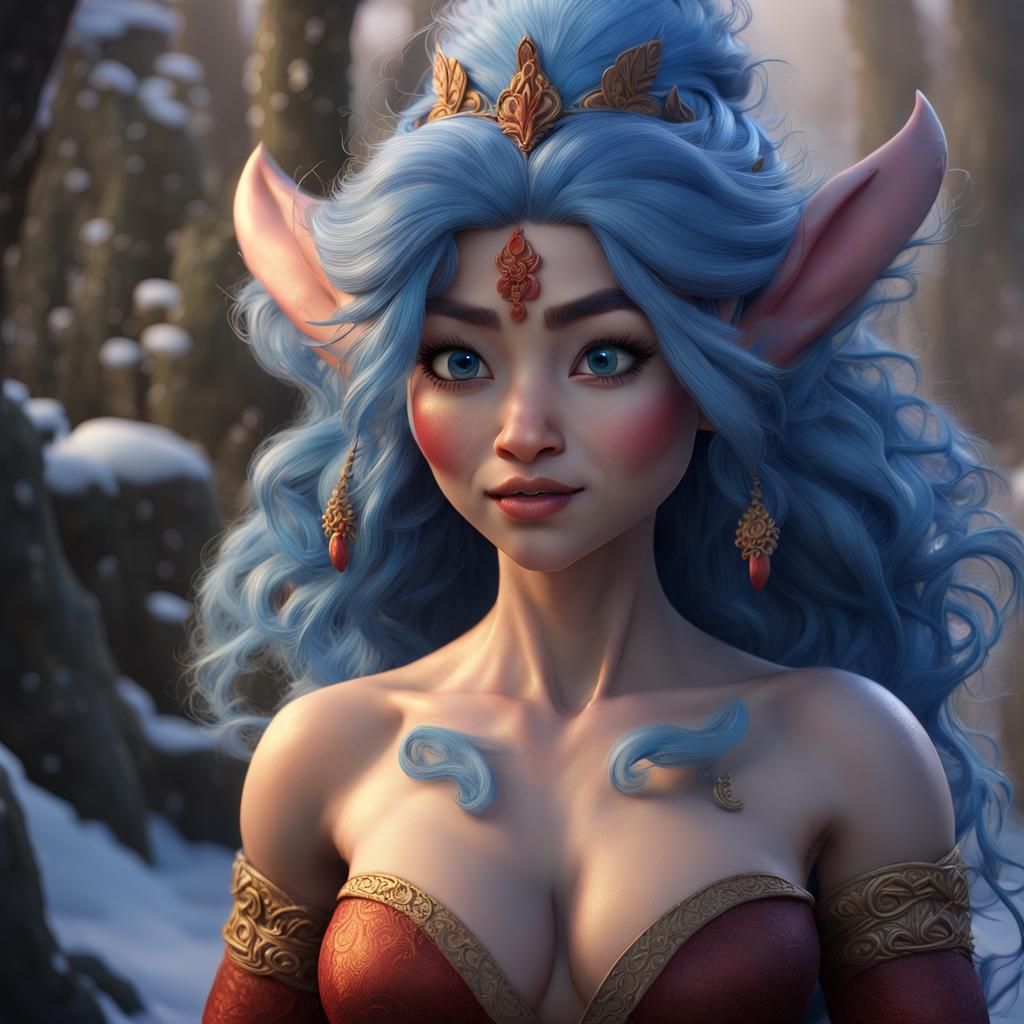 Hyperrealistic Troll Queen Mulan in Snowy Fantasy