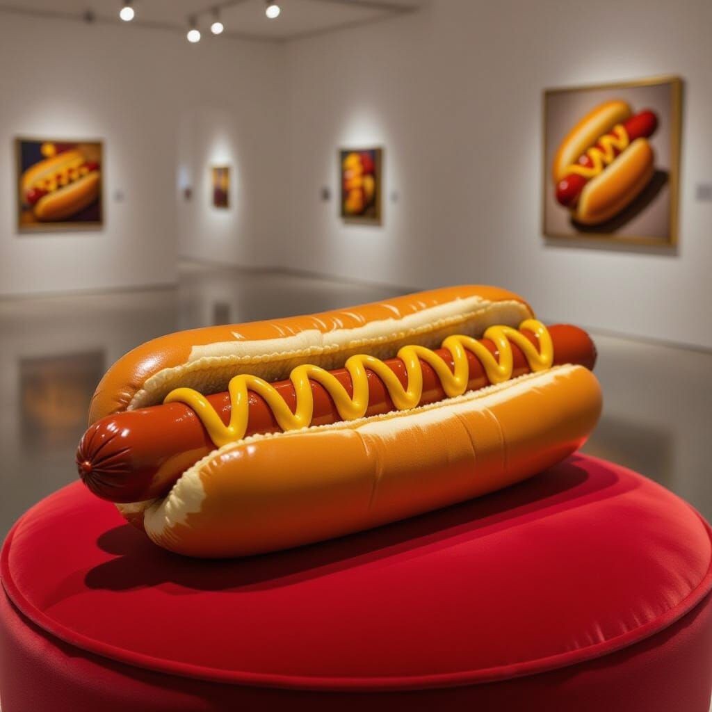 Beaded Hotdog Sculpture on Velvet Cushion in Pop Art Style