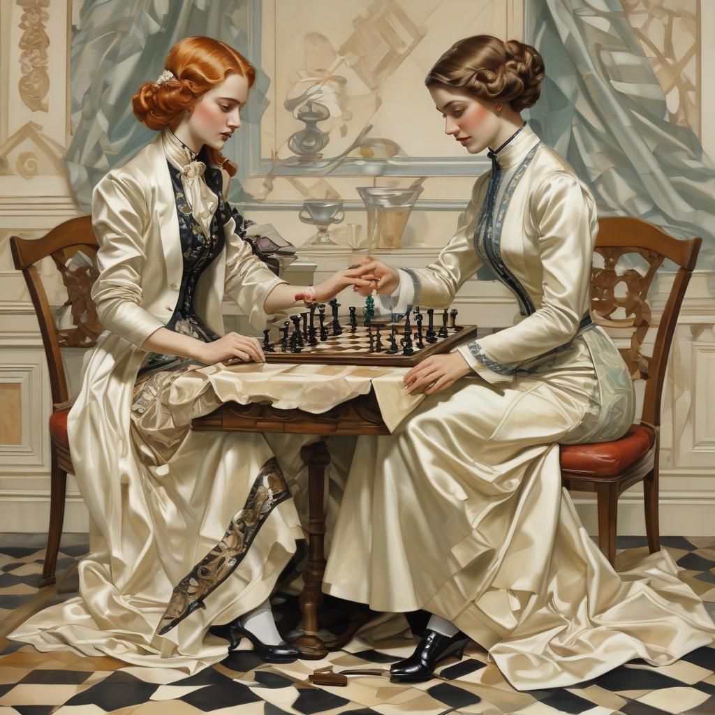 Elegant Women in Chess Game, Leyendecker Style