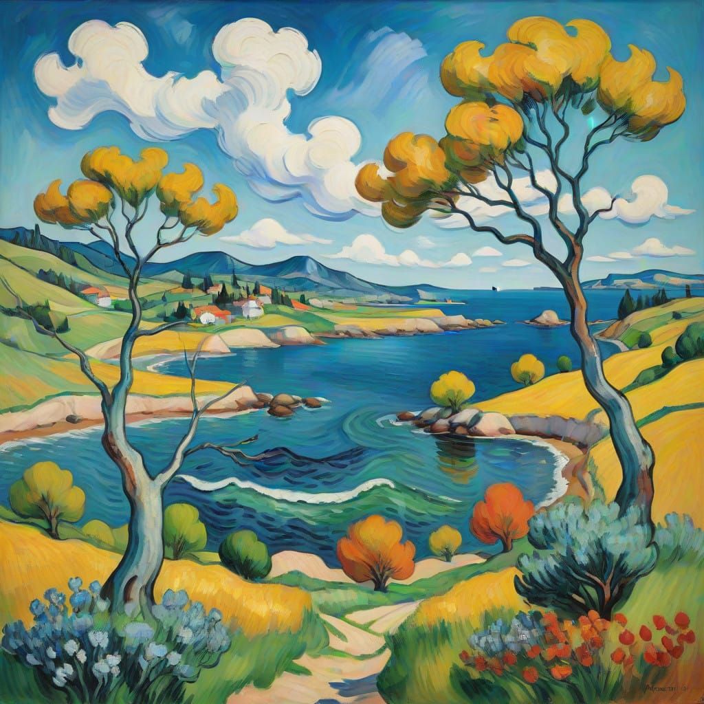 Vibrant Modernist Coastal Landscape with Rolling Hills and S...