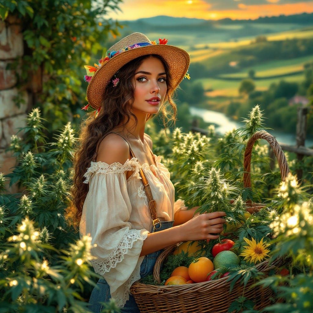 Sun-Kissed Farmer Woman Harvests Glowing Cannabis in Vintage...