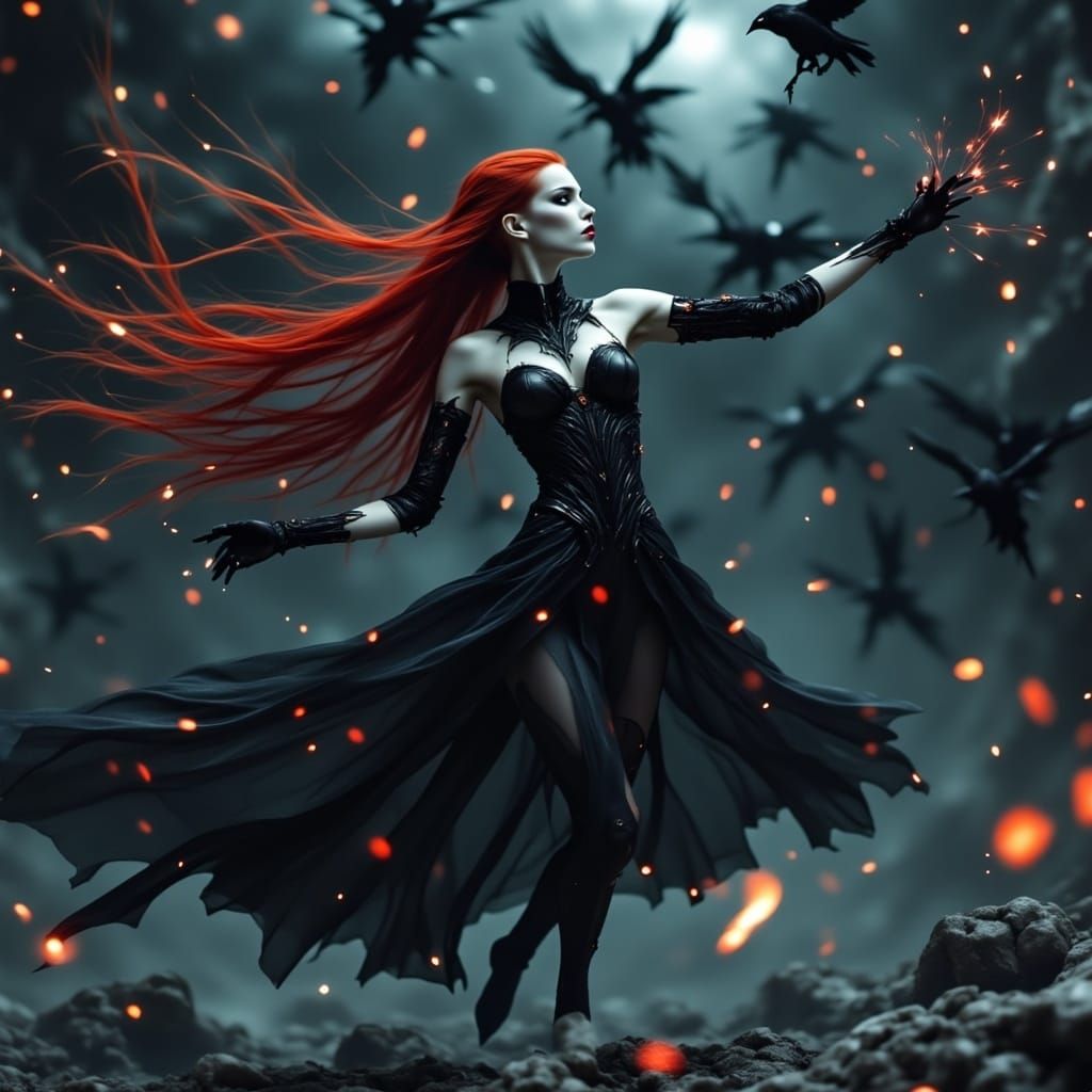 Fae Queen Dancing in Stormy Sky, 3D Render