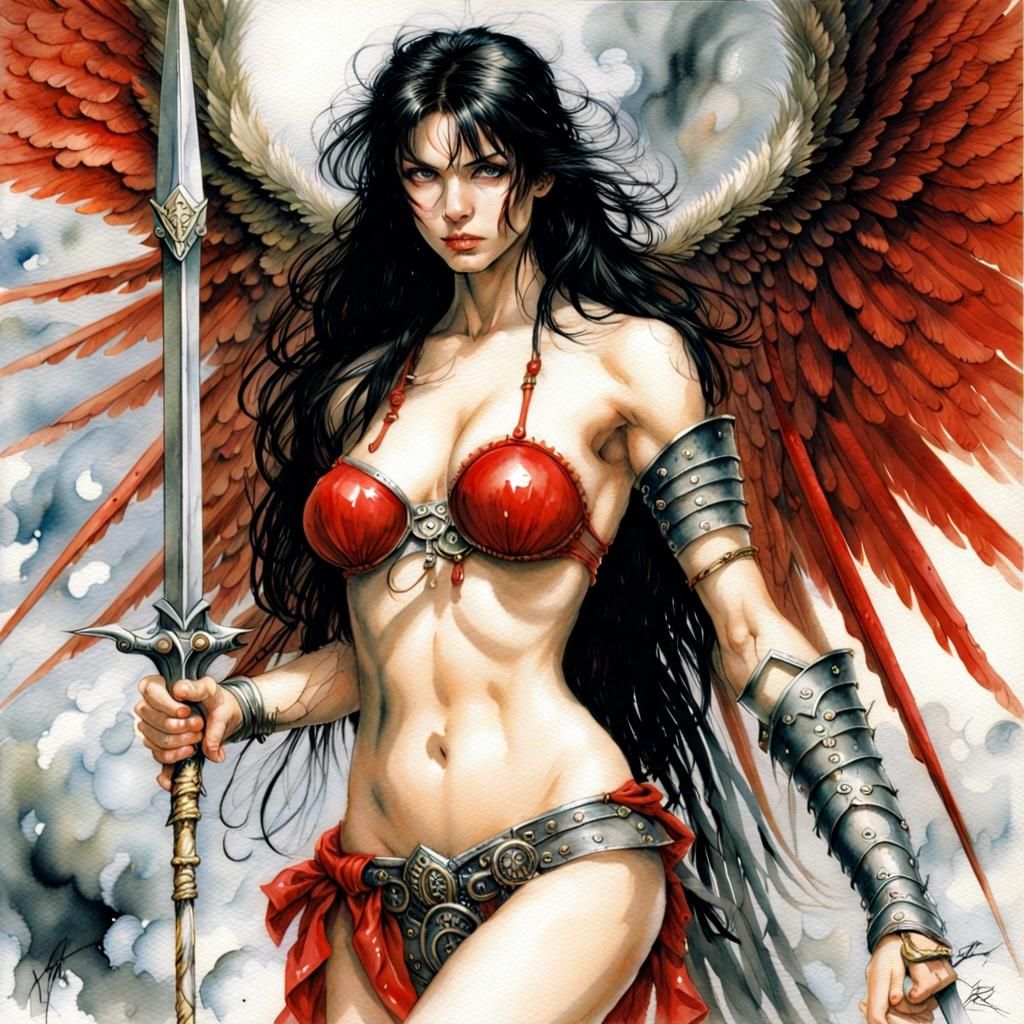 Winged Angel in Red Armor, Watercolor Style