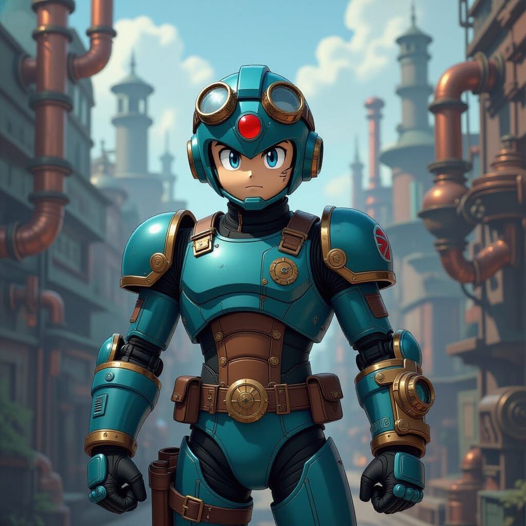 Steampunk Mega Man in Victorian Cityscape