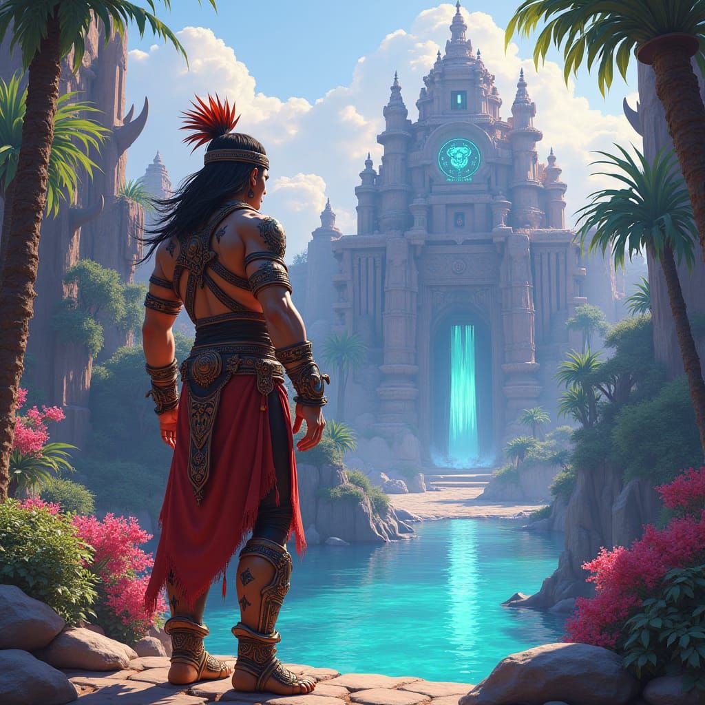 Nomadic Warrior at Oasis in Comic Book Style